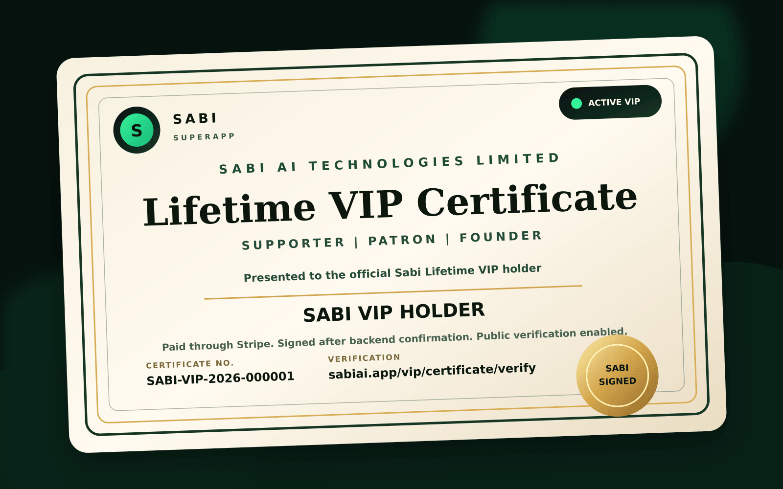 Sabi Lifetime VIP Certificate preview